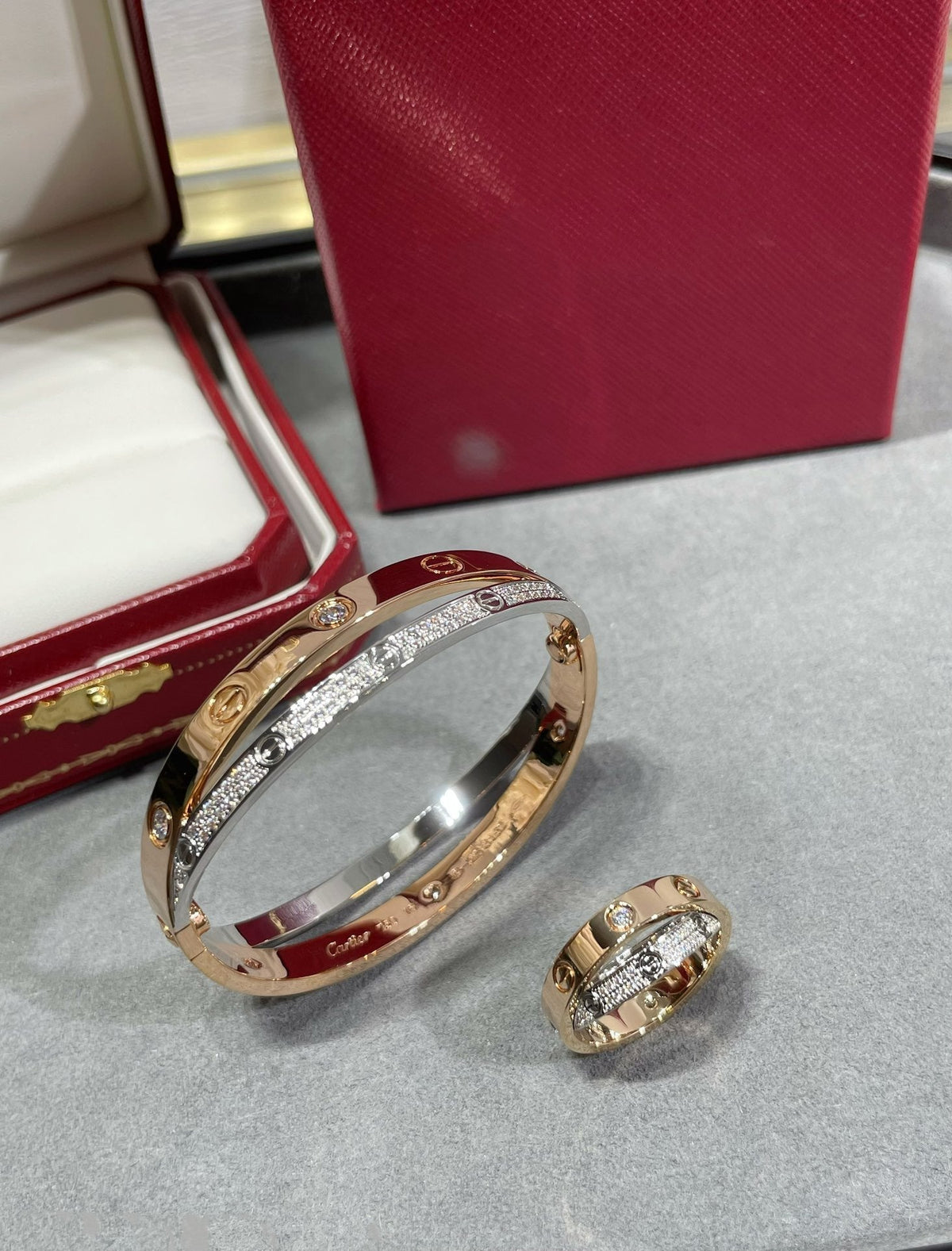 [⭐JeweliWhal]LOVE PINK GOLD SILVER DIAMOND DOUBLE RING