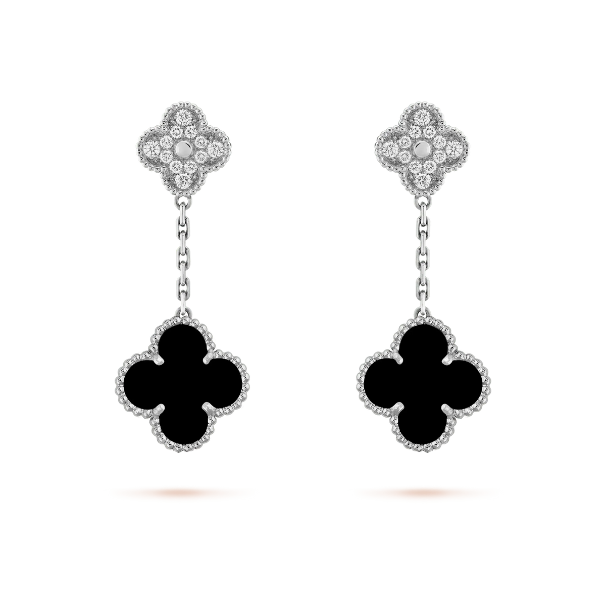 [⭐JeweliWhal]CLOVER 2 MOTIFS  DIAMOND ONYX EARRINGS SILVER